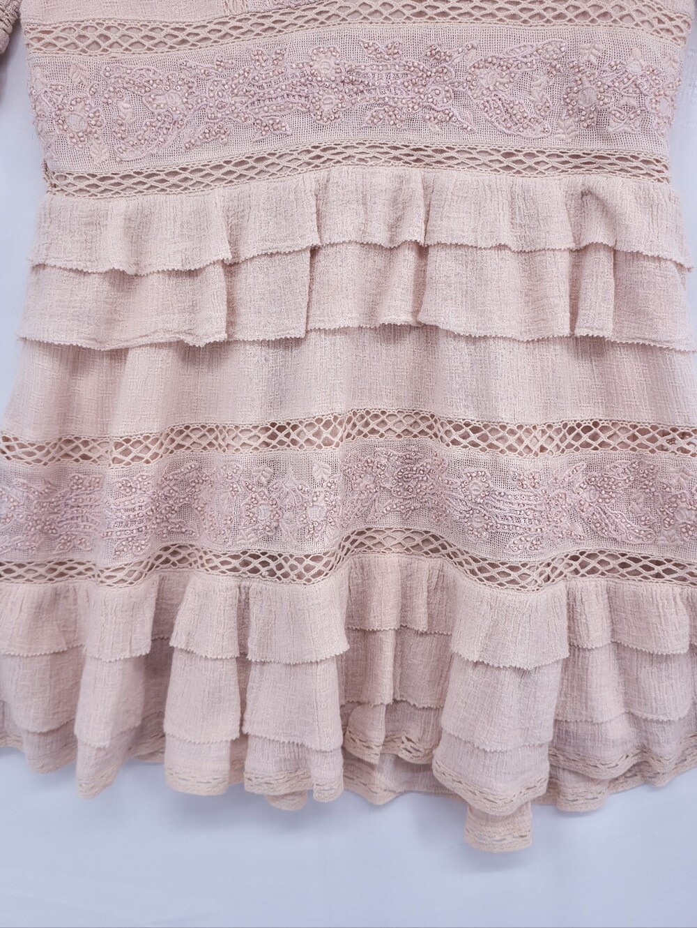 Love Sam Beaded Embroidered Boho Mini Dress Blush Lace Tiered Ruffle M - Picture 8 of 16